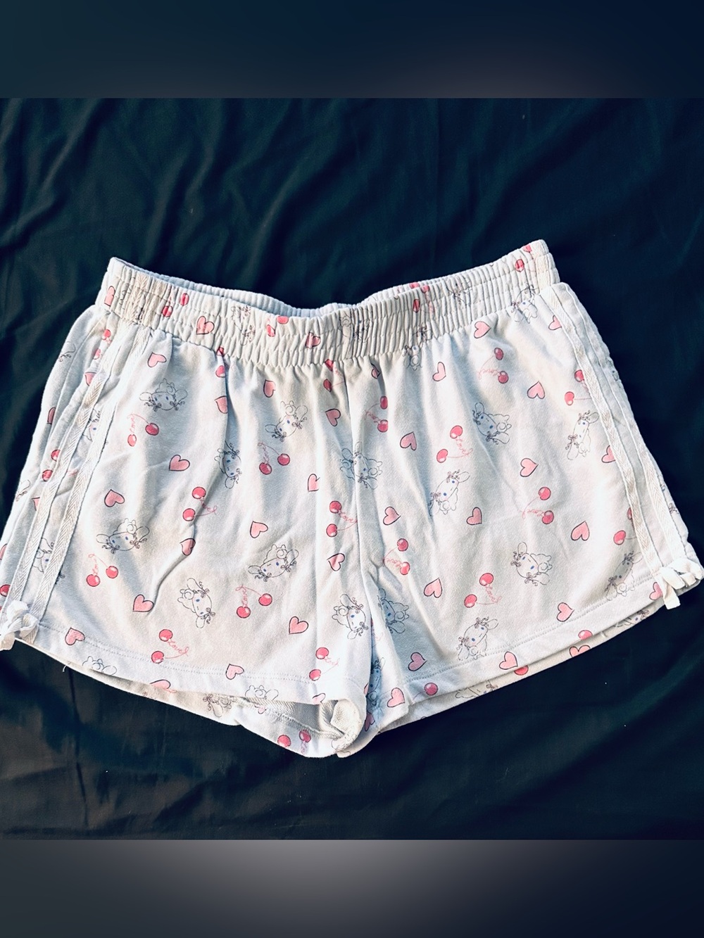 Light Blue Women's Cotton Athletic Shorts with Pink Heart & Cherry Print